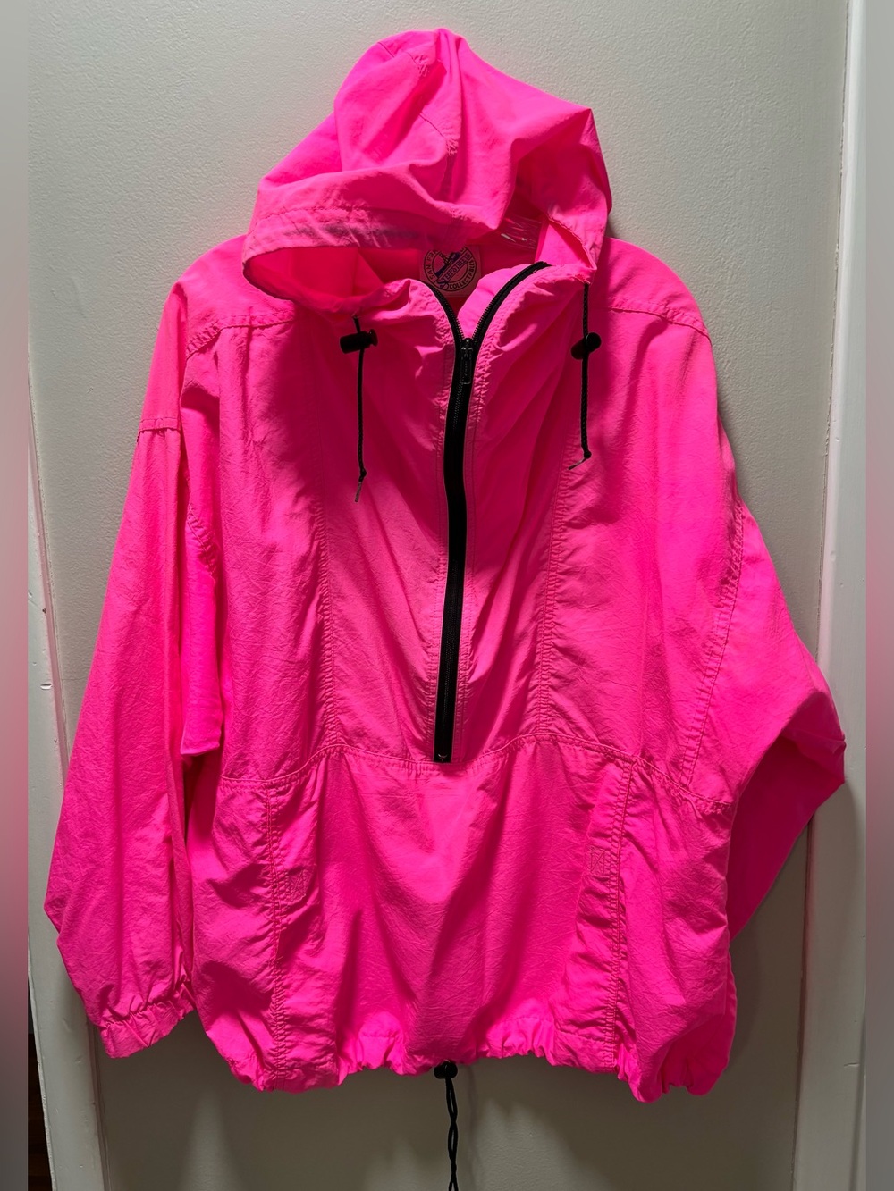 Vintage 1990s neon pink half-zip hooded pullover windbreaker kangaroo pocket
